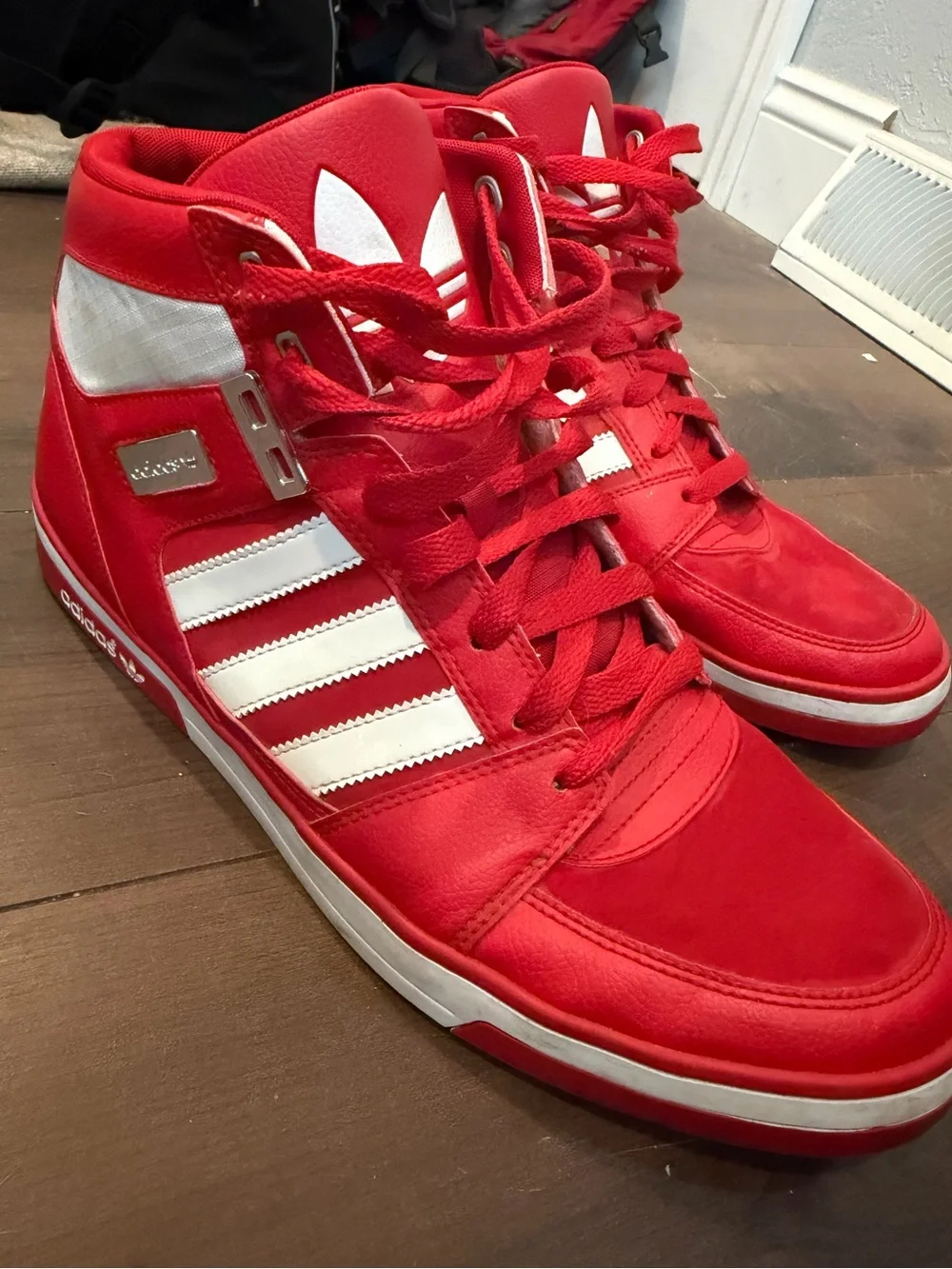 adidas Red and White High-Top Sneakers